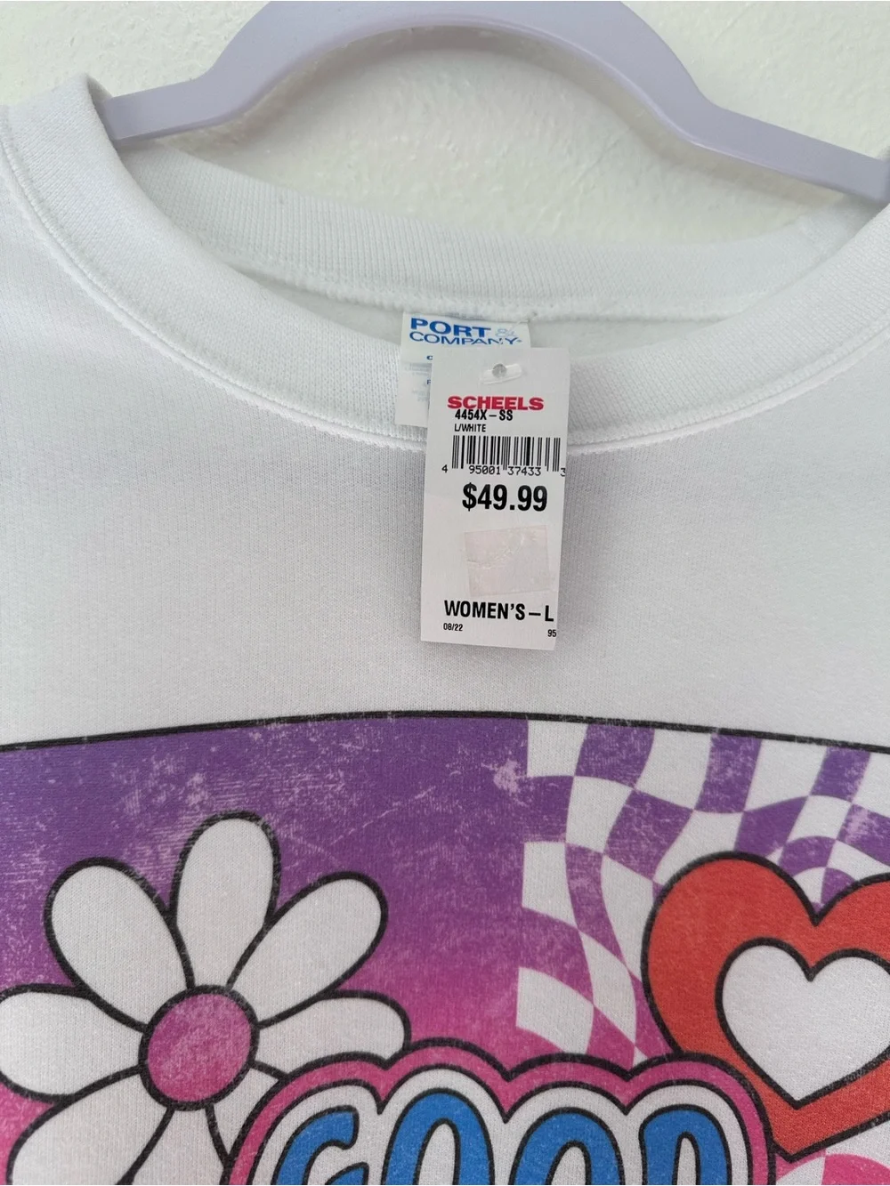 NWT Port & Company White Graphic Crewneck with Purple Pink & Red Design